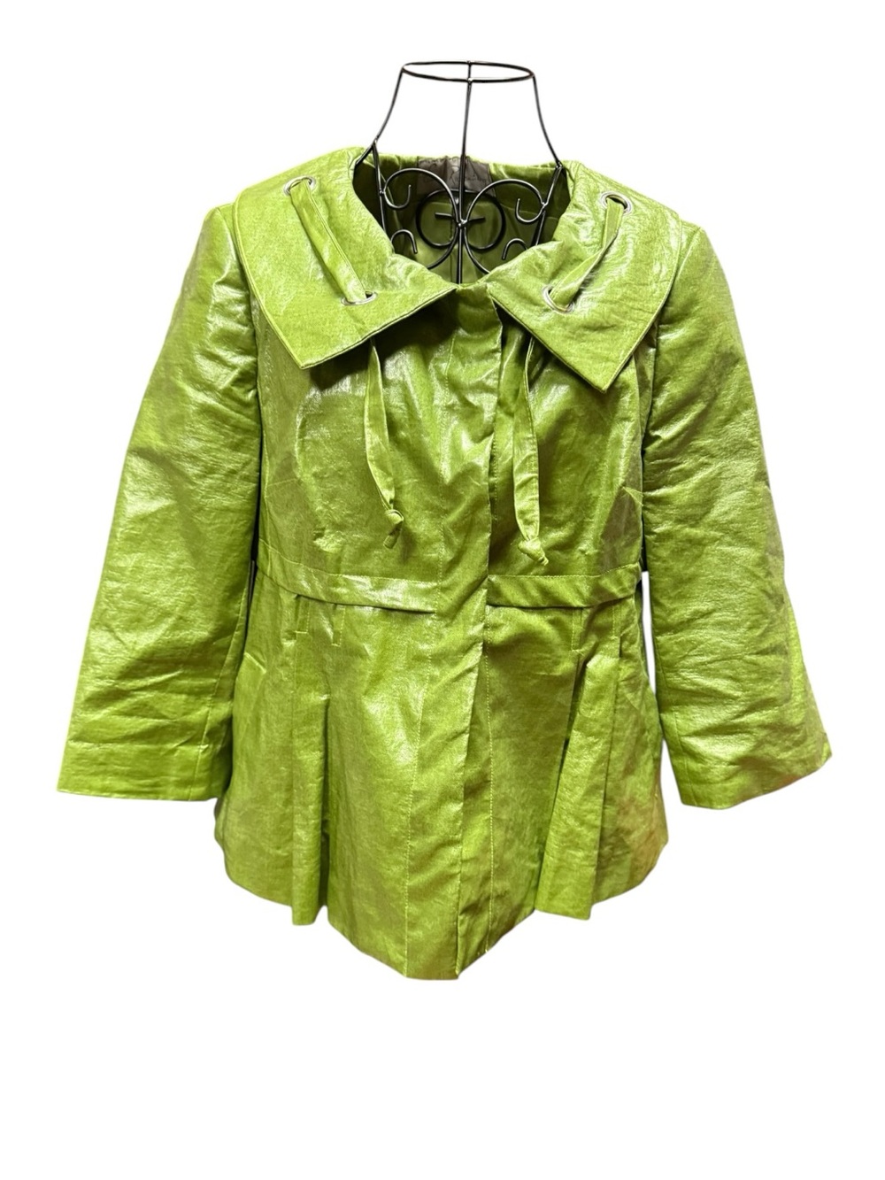 Vintage Retro Shiny Lime Green Trench Coat with Peplum Detail